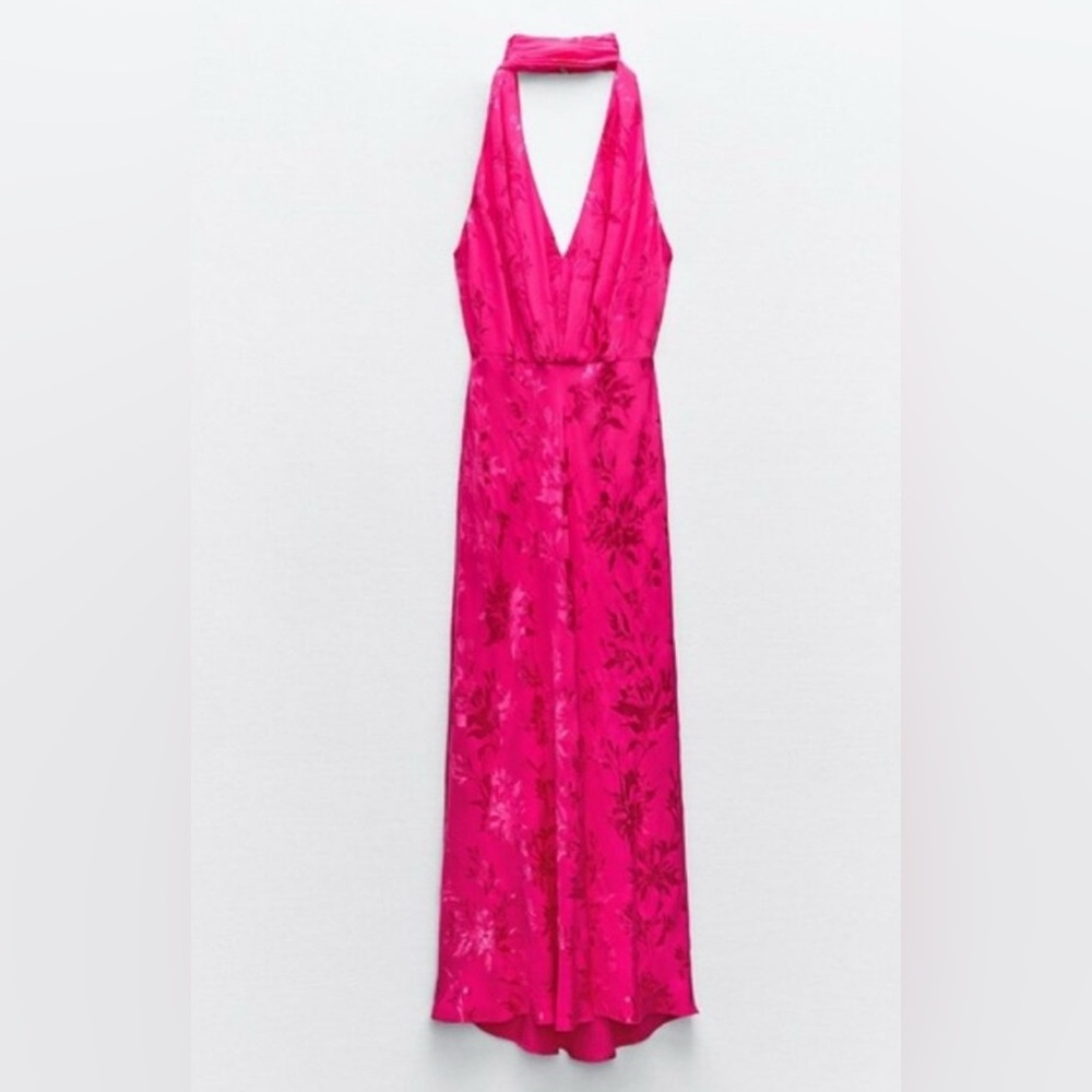 Zara Vibrant Hot Pink Jacquard Bow Summer Halter Maxi Dress (Size Medium) - Picture 9 of 11
